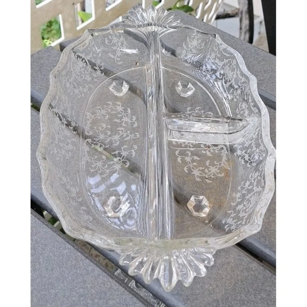 Fostoria Meadow Rose Clear 3 Part Handled Relish Dish Etched Base Heavy No Chips
